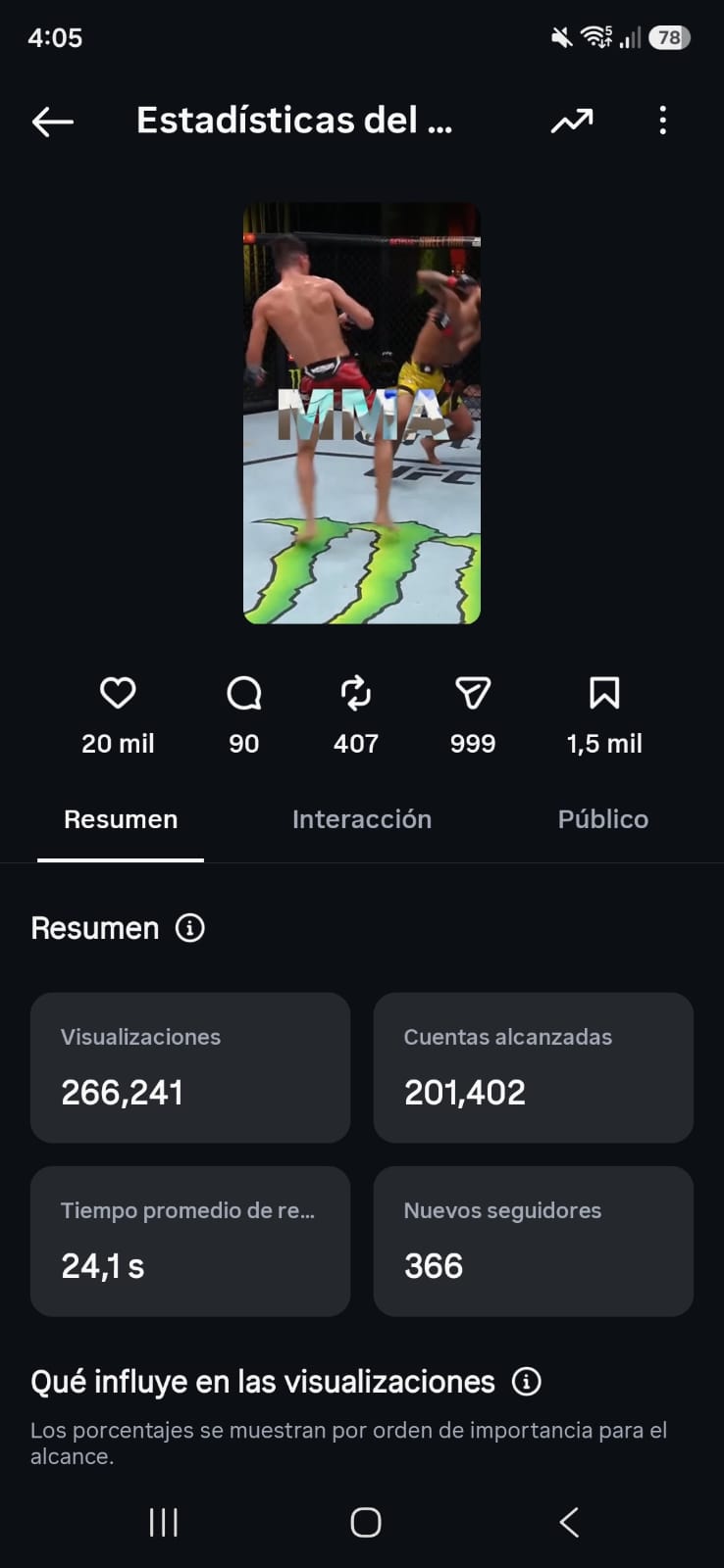 Estadísticas de un reel deportivo con 266.241 visualizaciones y 366 nuevos seguidores